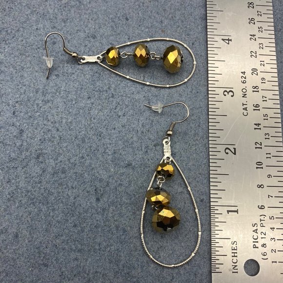Dangle Pierced Earrings Silver Textured Teardrop Gold Yellow Faceted Triple Bead - Picture 4 of 4